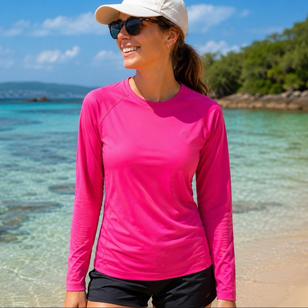 Coolibar Size Large Hightide Long Sleeve Swim Shirt UPF 50+ Pink Rash Guard